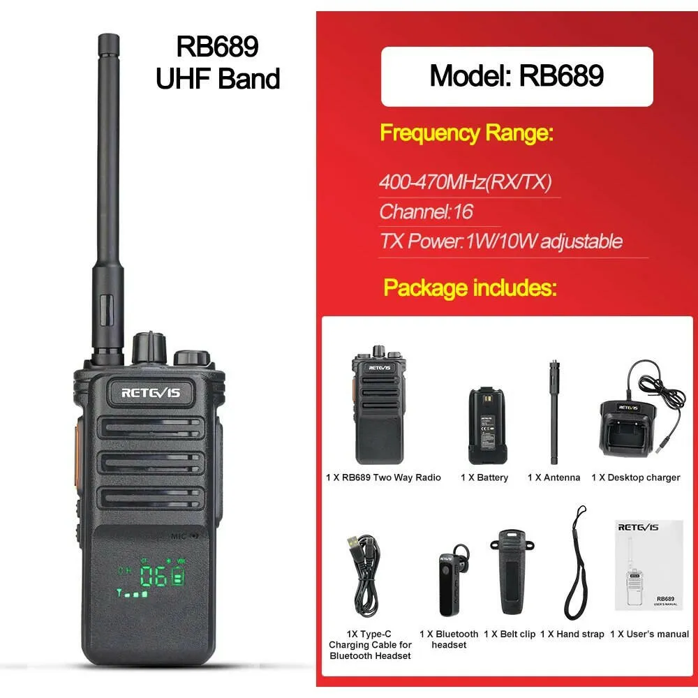 10W Walkie Talkie UHF Bluetooth-Compatible Retevis RB689 Handheld  Walkie-Talkies Powerful Professional Radio for Warehouse