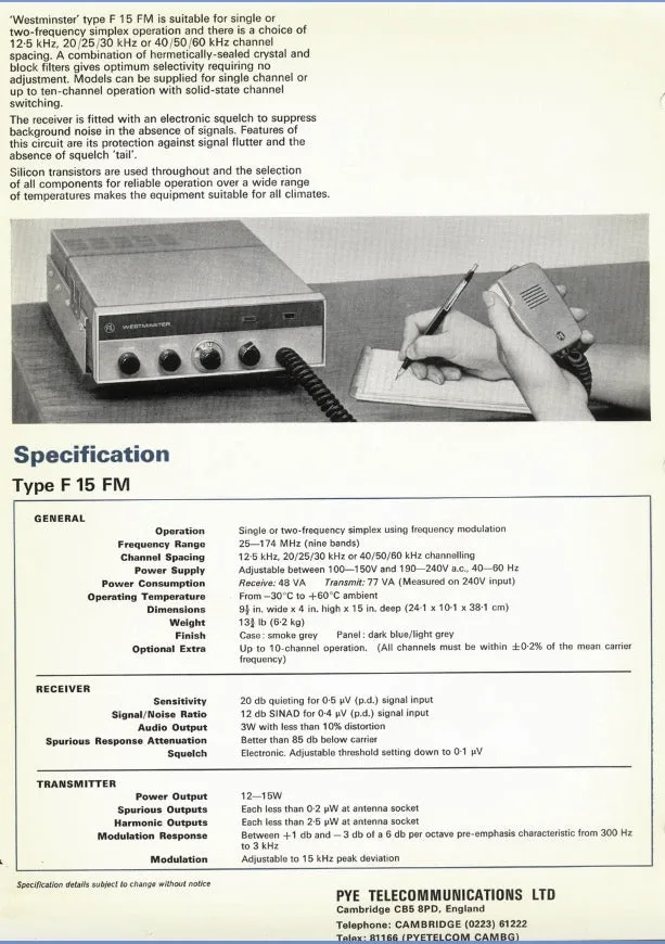 1960s Pye Westminister W15FM Vehicle Private Mobile Radio PMR