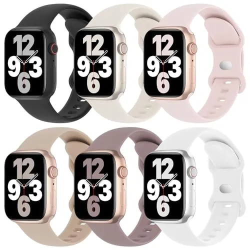 6 Pack Silicone Bands Compatible with Apple Watch Band 38mm 40mm 41mm 42mm 44mm 45mm 49mm, Soft Sport Waterproof Strap Replacement Wristband for iWatch Ultra Series 9 8 SE 7 6 5 4 3 2 1 Women Men