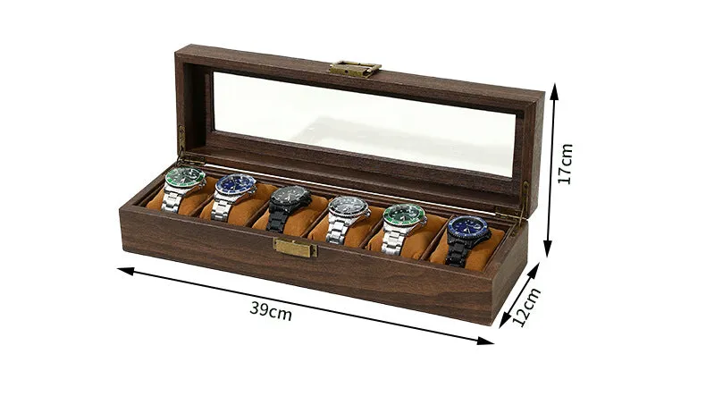 6 Slot Brown Wooden Travel Watch Box  Leather Watch Box Display Case