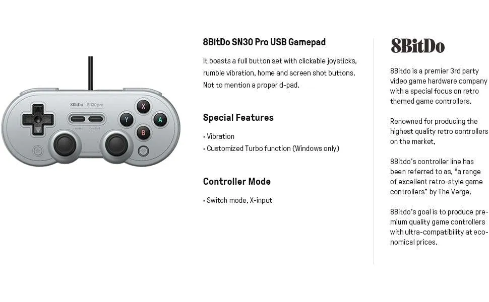 8BitDo SN30 PRO Controller: USB Gamepad for Nintendo Switch, PC, Steam, Raspberry Pi