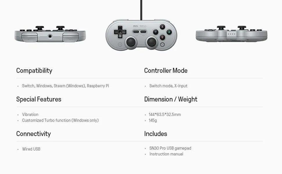 8BitDo SN30 PRO Controller: USB Gamepad for Nintendo Switch, PC, Steam, Raspberry Pi