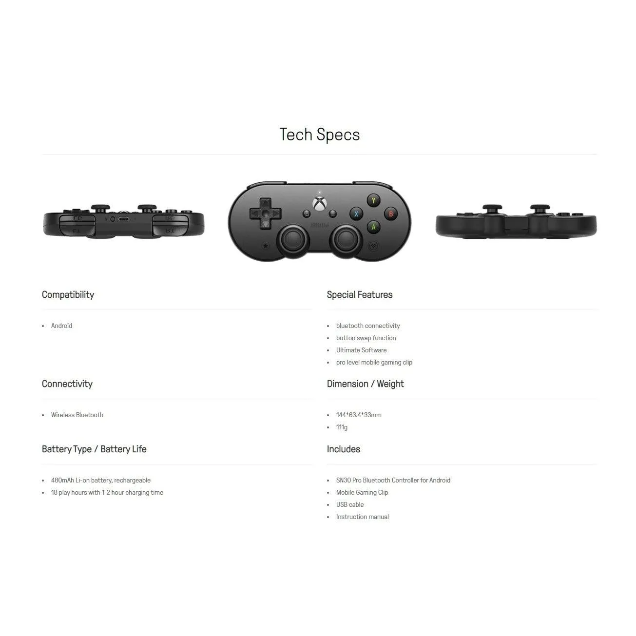 8BitDo SN30 Pro XBox Cloud Bluetooth Controller: For Android, includes Phone Clip