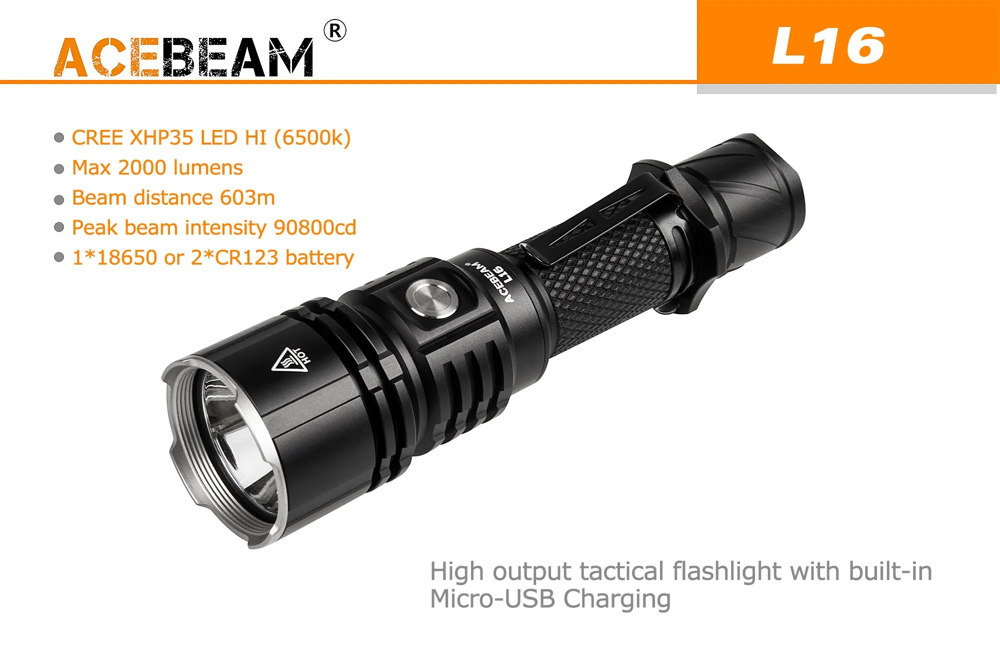 Acebeam L16 - 2000 Lumens LED Flashlight - Rechargeable Handheld