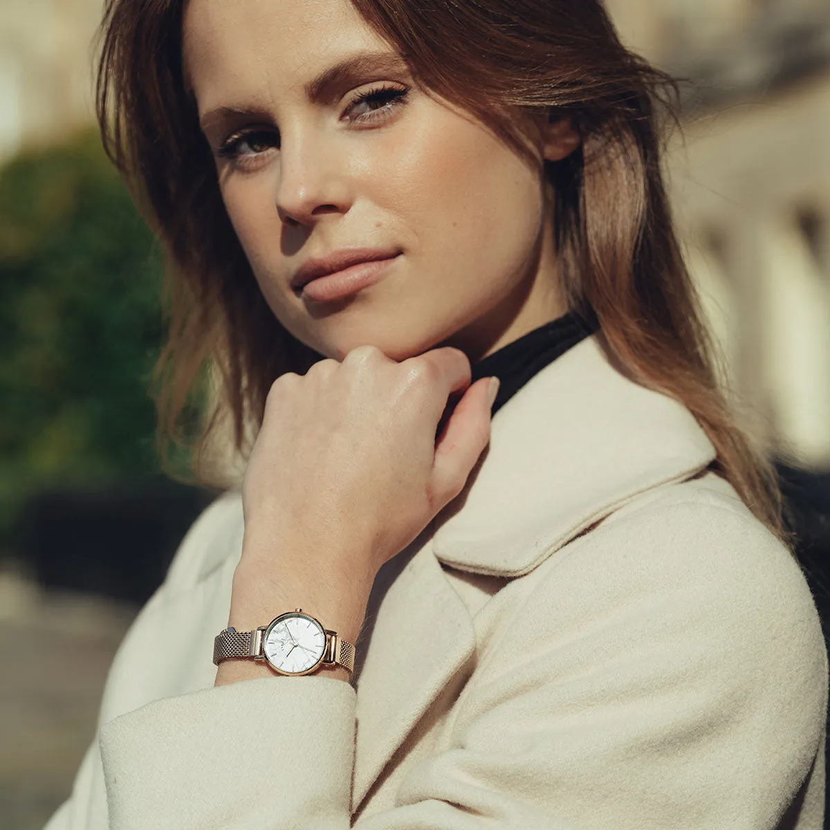 Amesbury Rose gold mesh watch with a genuine Howlite stone dial