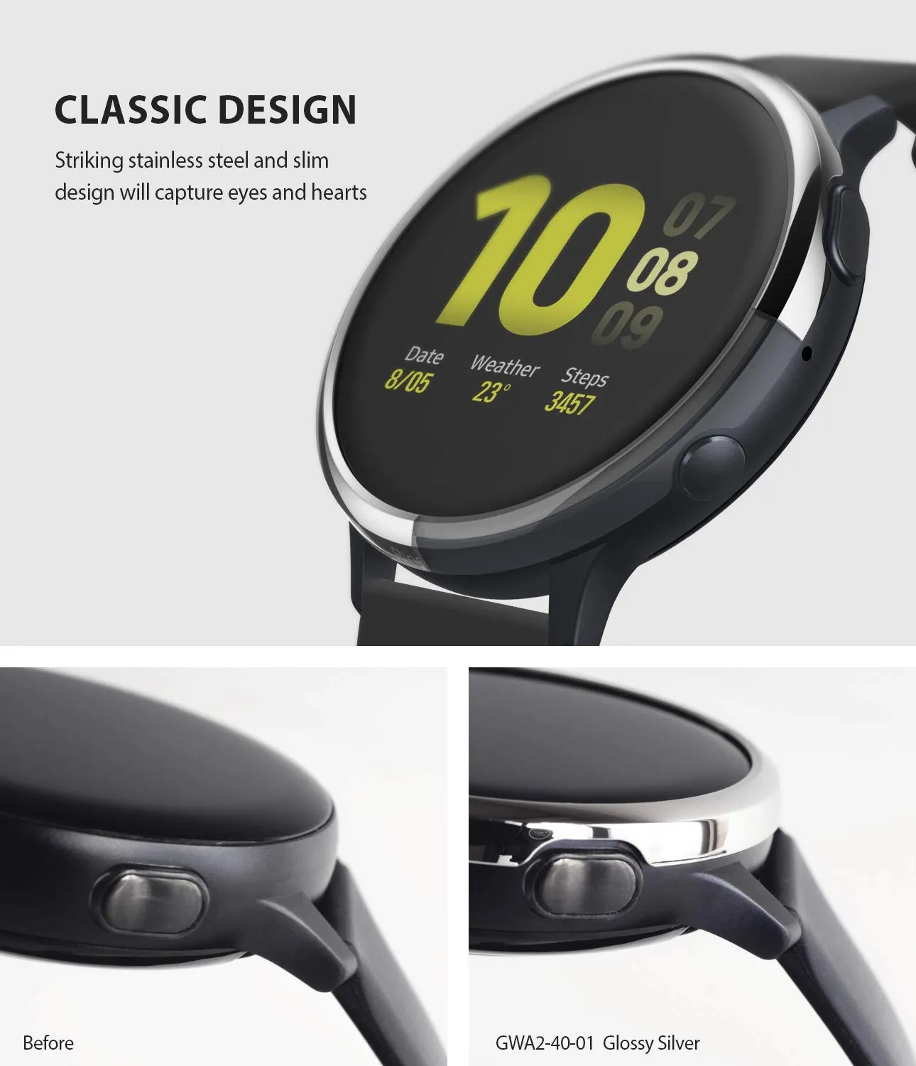 Bezel Styling Cover for Galaxy Watch Active 2 40mm (2019) - Glossy Silver (GW-A2-40-01) [Stainless Steel]