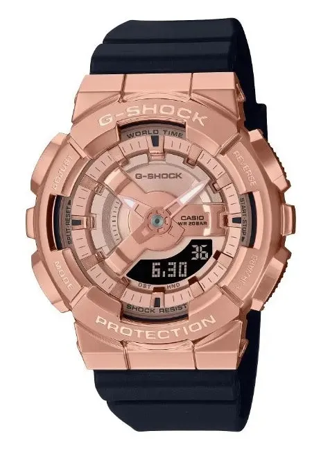 CASIO G-SHOCK DUO METAL CLAD ROSE GOLD BLACK RESIN BAND GMS110PG-1A