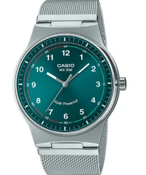 Casio  Men's Watch Solar powered Analog, Green Dial Silver Stainless Steel Strap, MTP-RS105M-3BVDF