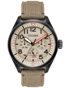 Citizen Eco-Drive Mens Chandler  Watch - Day-Date - Ivory Dial - Tan Nylon Strap