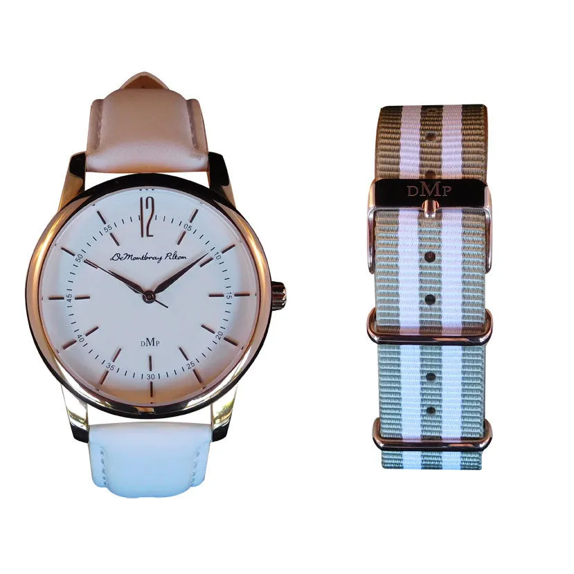 Classic Rose Gold Watch with White Leather Strap by DeMontbrayPilton