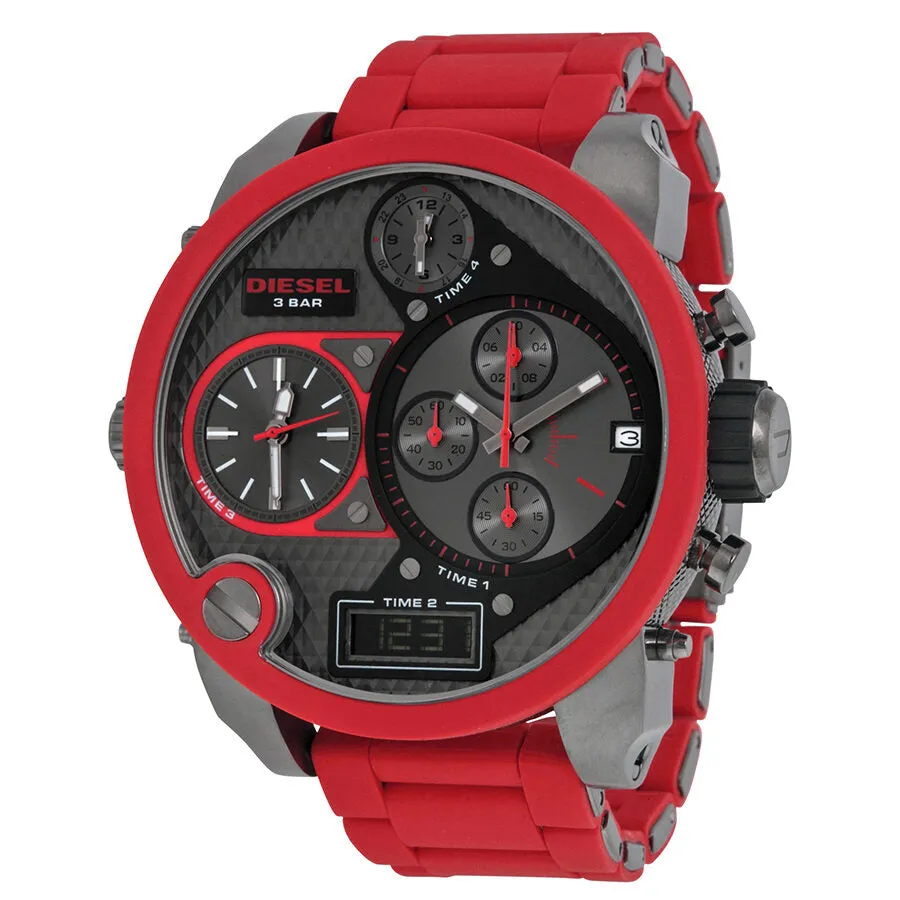 Diesel Daddies Series Chronograph Grey Four Time Zone Dial Red Silicone Men's Watch  DZ7279