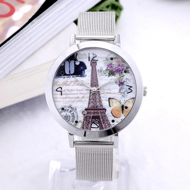 Eiffel Tower Flower Watch Fashion Luxury Women dress Watch Female Stainless Steel Strap Analog Round Dial Relogios Quartz clock