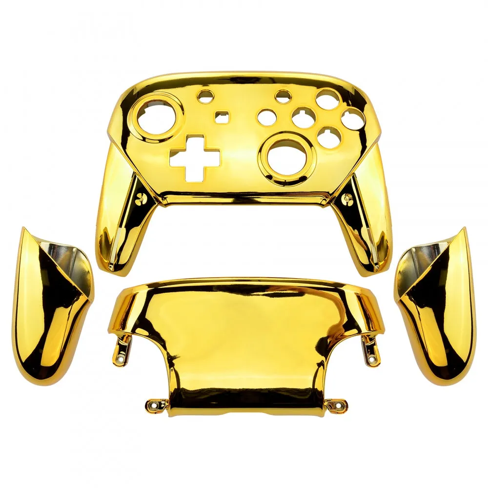 eXtremeRate Chrome Gold Faceplate Backplate Handles for Nintendo Switch Pro Controller, Glossy DIY Replacement Grip Housing Shell Cover for Nintendo Switch Pro - Controller NOT Included - FRD401