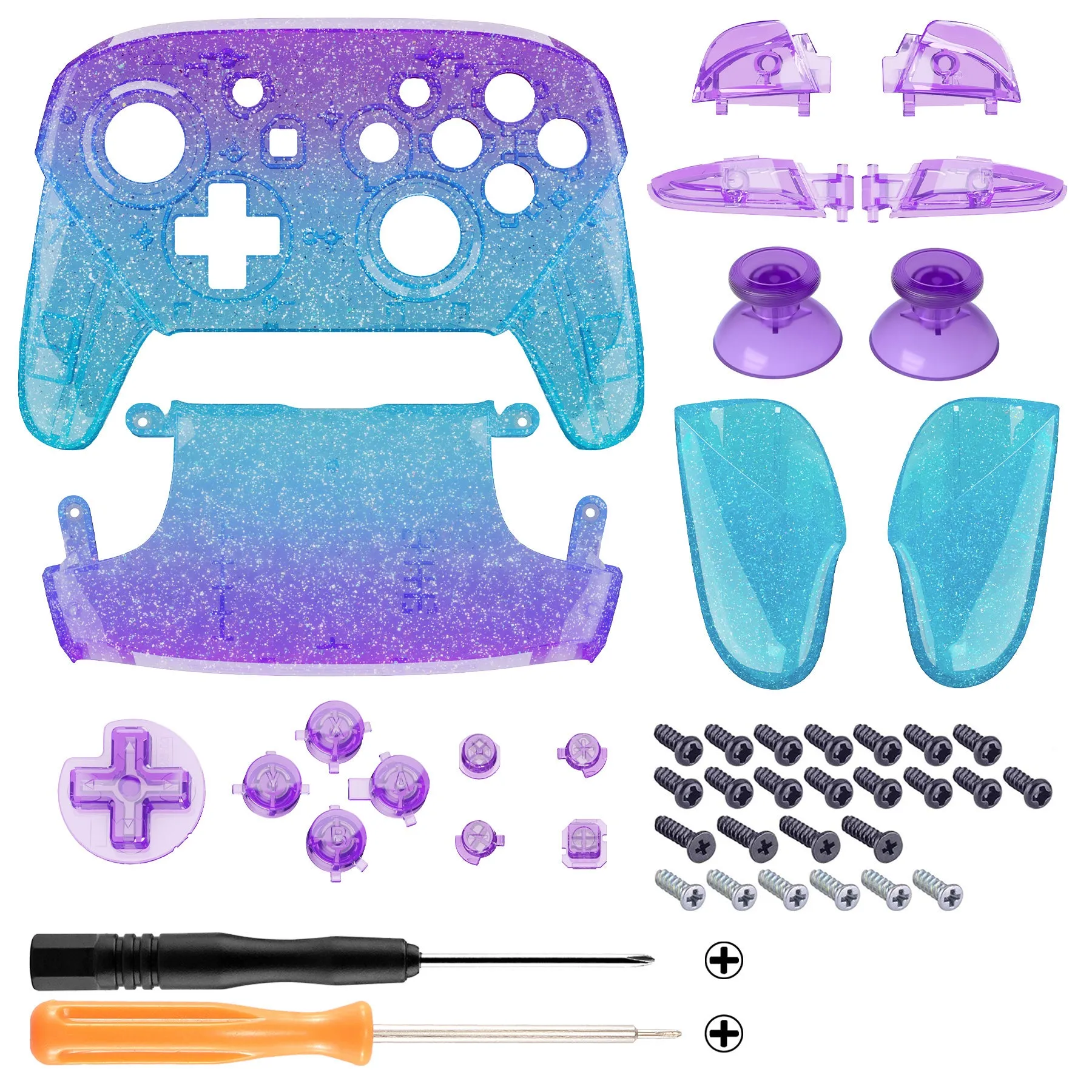 eXtremeRate Glitter Gradient Translucent Bluebell & Blue Faceplate Backplate Handles for NS Switch Pro Controller, Soft Touch Replacement Grip Housing Shell Cover With Full Set Buttons for NS Switch Pro - FRP359