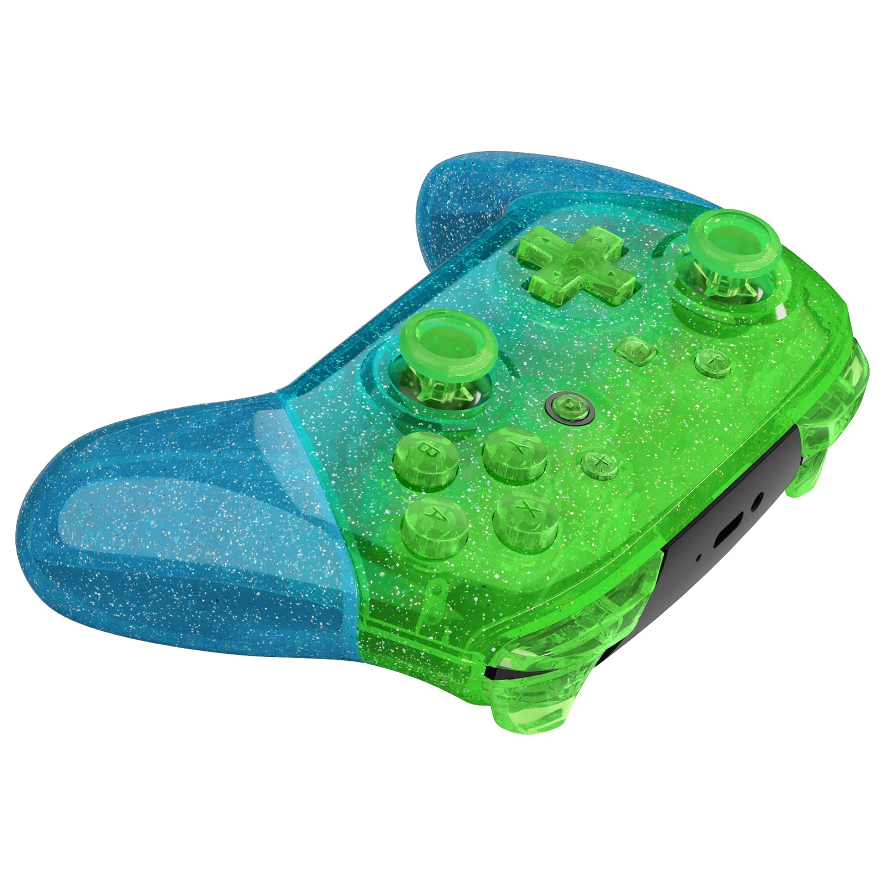 eXtremeRate Glitter Gradient Translucent Green Blue Faceplate Backplate Handles for NS Switch Pro Controller, Soft Touch Replacement Grip Housing Shell Cover With Full Set Buttons for NS Switch Pro - FRP358