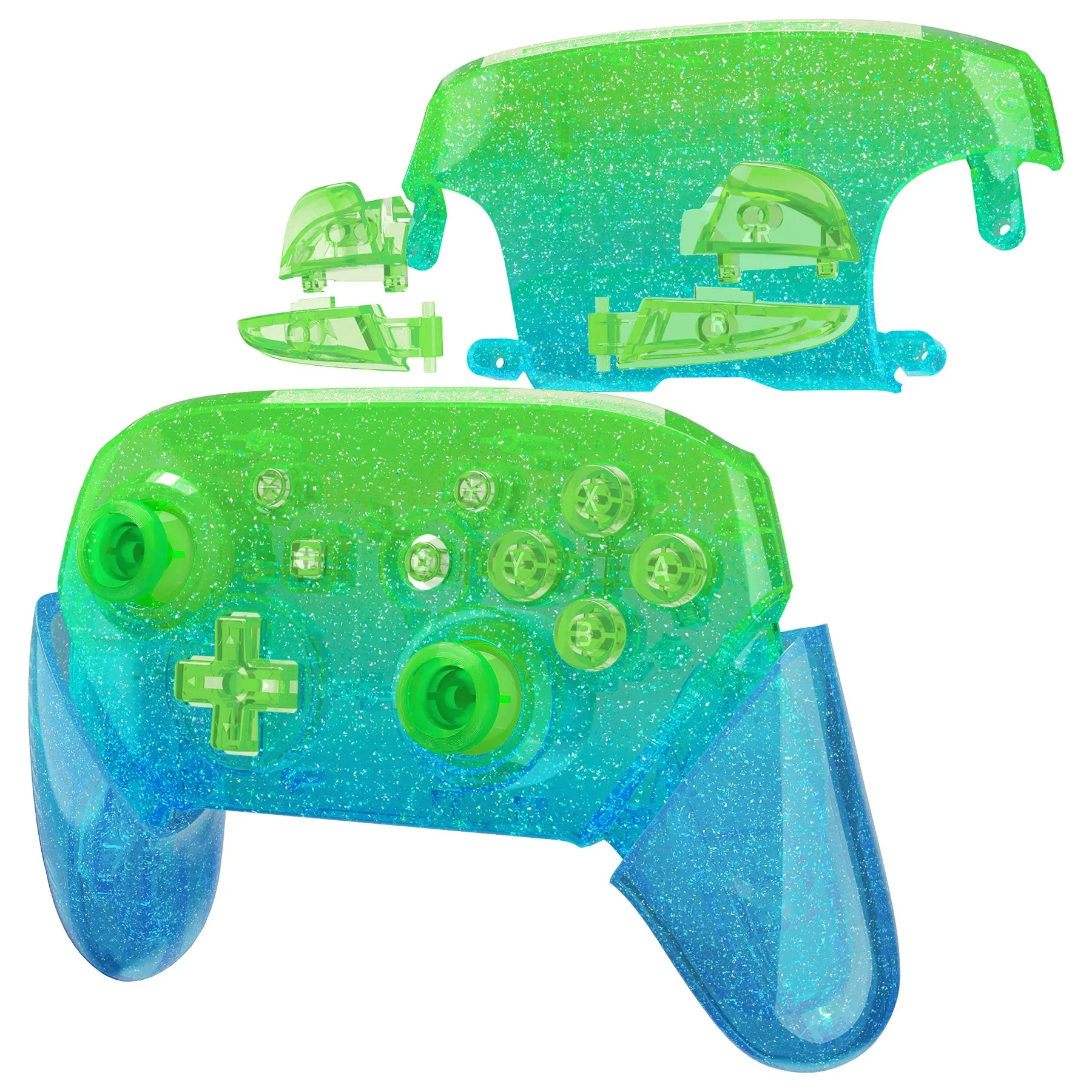 eXtremeRate Glitter Gradient Translucent Green Blue Faceplate Backplate Handles for NS Switch Pro Controller, Soft Touch Replacement Grip Housing Shell Cover With Full Set Buttons for NS Switch Pro - FRP358