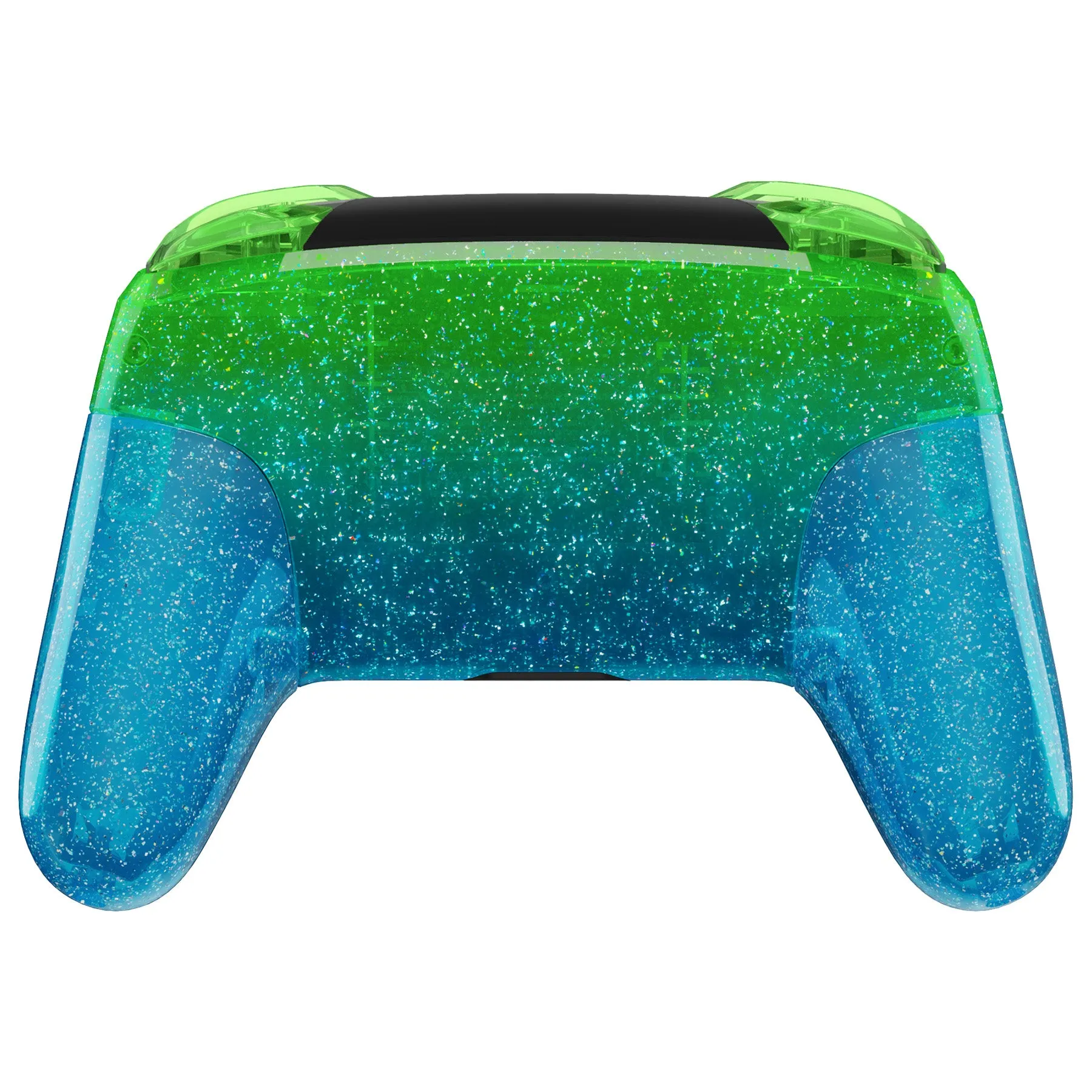 eXtremeRate Glitter Gradient Translucent Green Blue Faceplate Backplate Handles for NS Switch Pro Controller, Soft Touch Replacement Grip Housing Shell Cover With Full Set Buttons for NS Switch Pro - FRP358