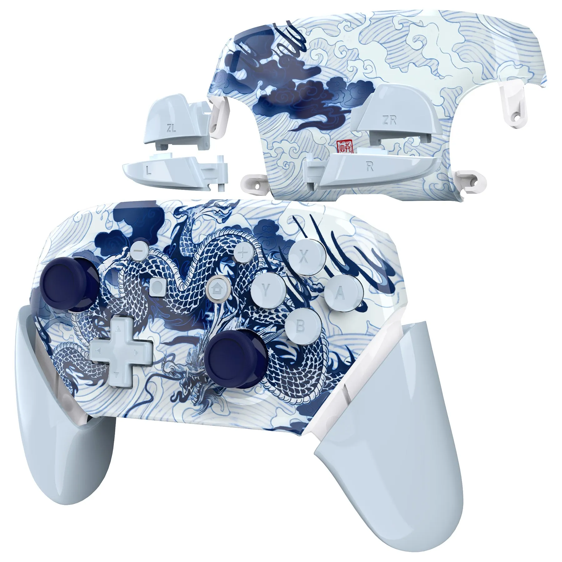 eXtremeRate Porcelain Dragon Faceplate Backplate Handles for NS Switch Pro Controller - FRT112