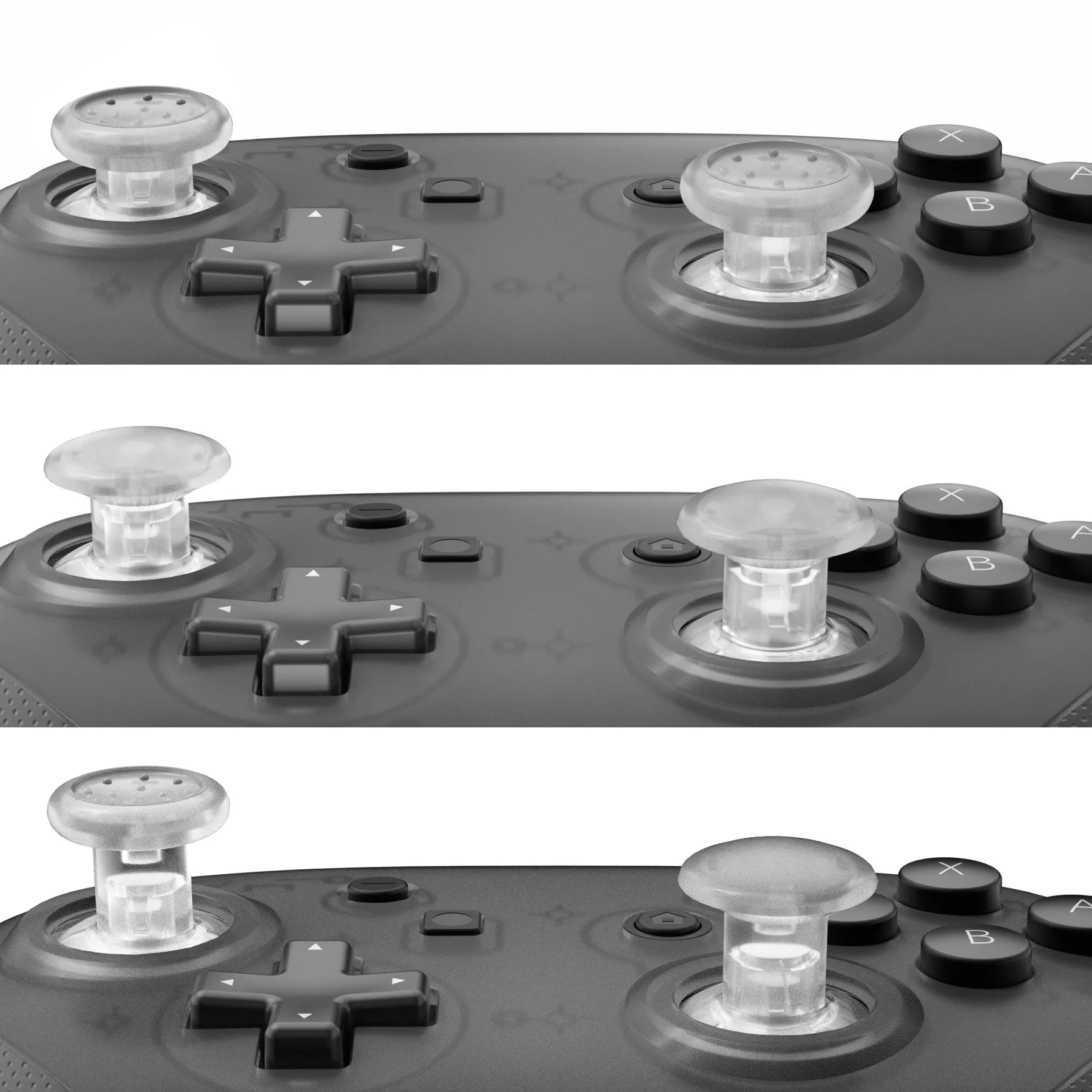 eXtremeRate Transparent Interchangeable Ergonomic Thumbsticks for Nintendo Switch Pro Controller with 3 Height Domed and Concave Grips Adjustable Joystick - KRM523