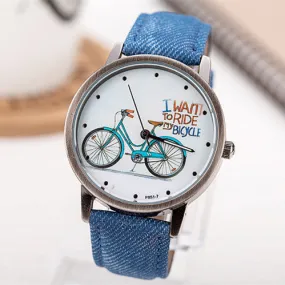 Fashion Casual Women Girls Students Gift Bike Watches Vintage Wristwatches Canvas Fabric Strap Bicycle Quartz Watch