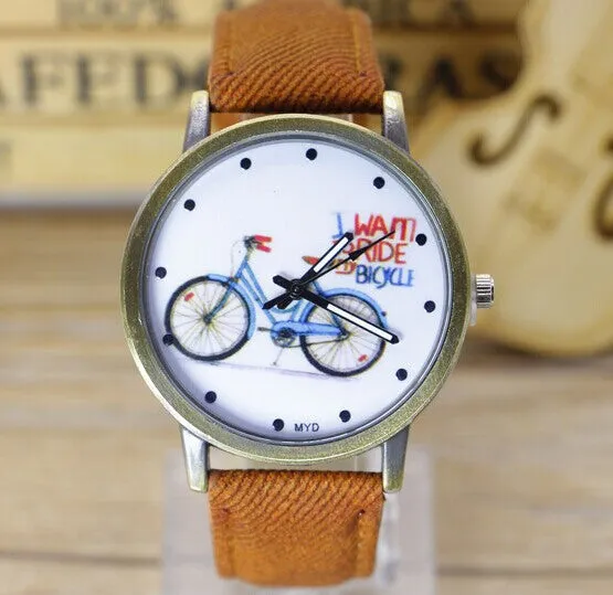 Fashion Casual Women Girls Students Gift Bike Watches Vintage Wristwatches Canvas Fabric Strap Bicycle Quartz Watch