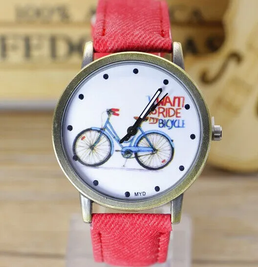 Fashion Casual Women Girls Students Gift Bike Watches Vintage Wristwatches Canvas Fabric Strap Bicycle Quartz Watch