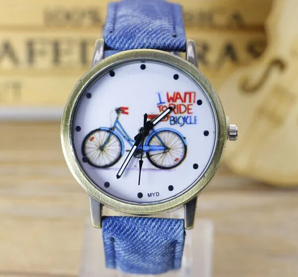 Fashion Casual Women Girls Students Gift Bike Watches Vintage Wristwatches Canvas Fabric Strap Bicycle Quartz Watch