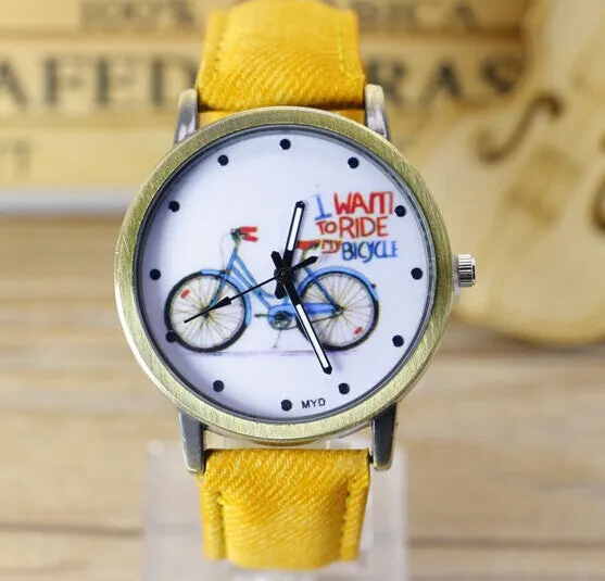 Fashion Casual Women Girls Students Gift Bike Watches Vintage Wristwatches Canvas Fabric Strap Bicycle Quartz Watch