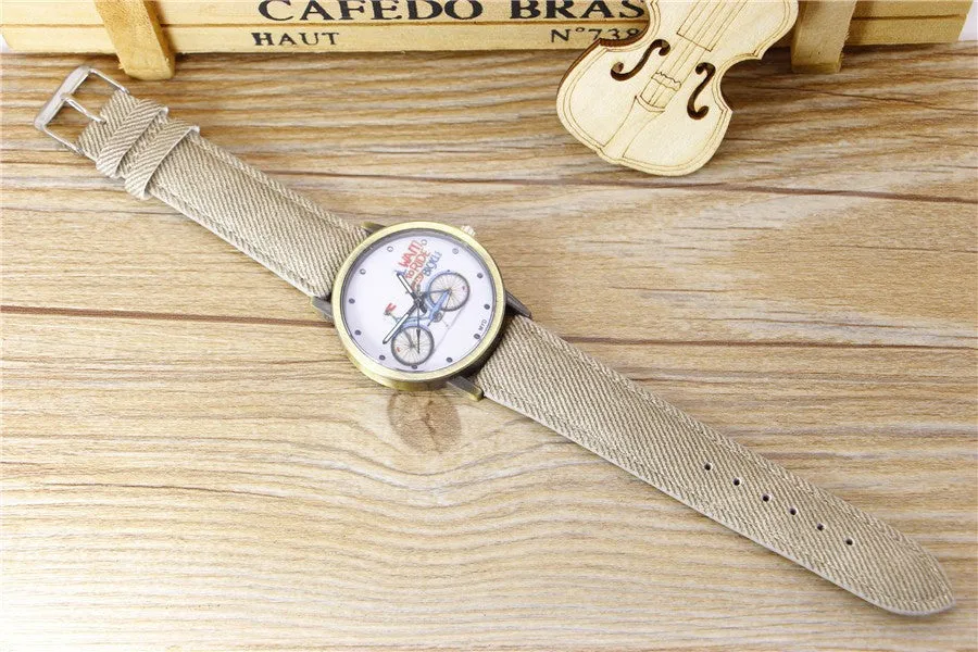 Fashion Casual Women Girls Students Gift Bike Watches Vintage Wristwatches Canvas Fabric Strap Bicycle Quartz Watch