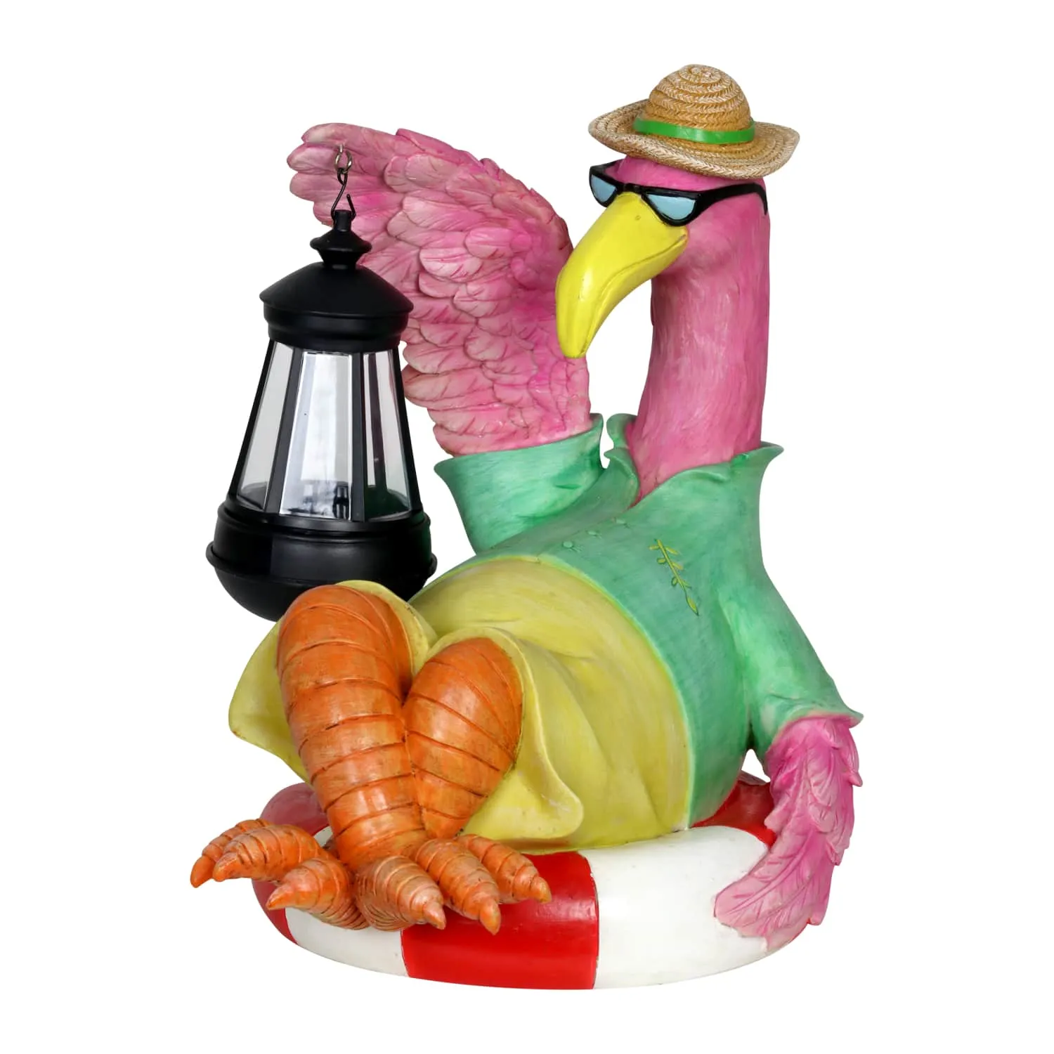 Flamingo Holding a Solar Lantern Garden Statue, 8 by 11 Inches