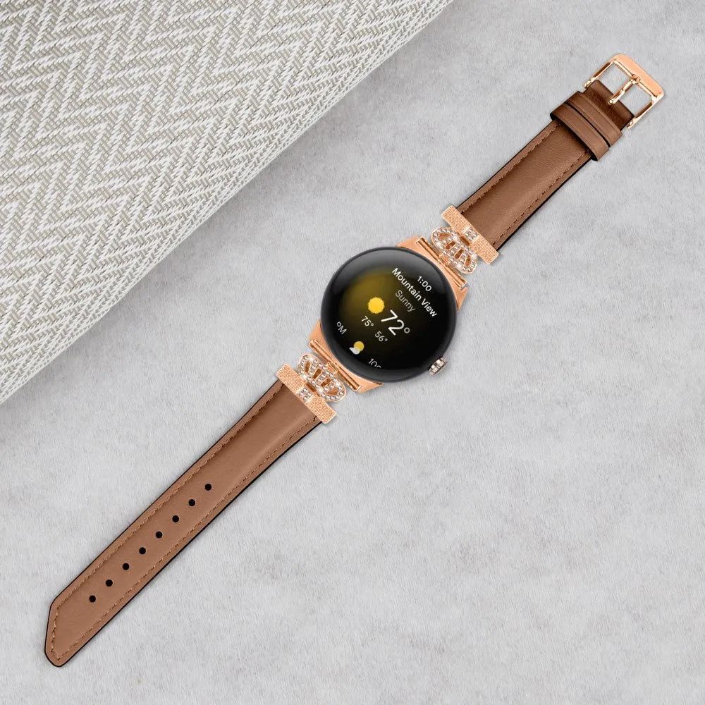 Google Pixel Watch 1 / 2 / 3 Læder Rem m. Rose Gold Rhinsten Spænde - Brun