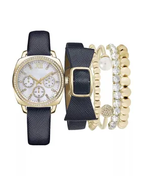 Jessica Carlyle Women's Analog Navy Strap with Navy and Gold Tone Bracelets Set