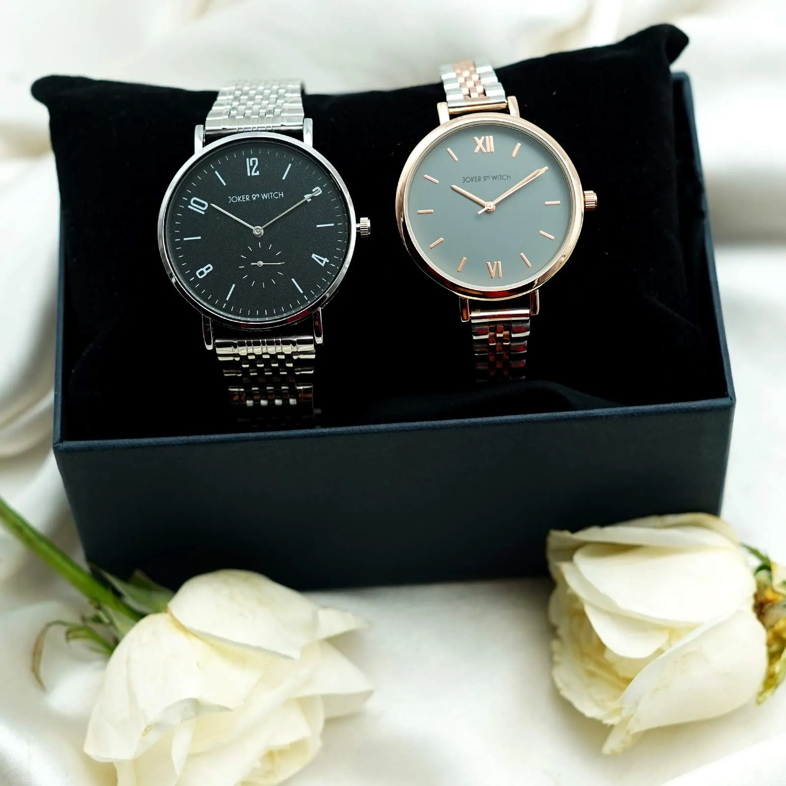 Joker & Witch Stainless Steel Unisex Chuck & Ned Couple Analog Watch Gift Set For Men And Women, Dial_Black, Band_Rose Gold