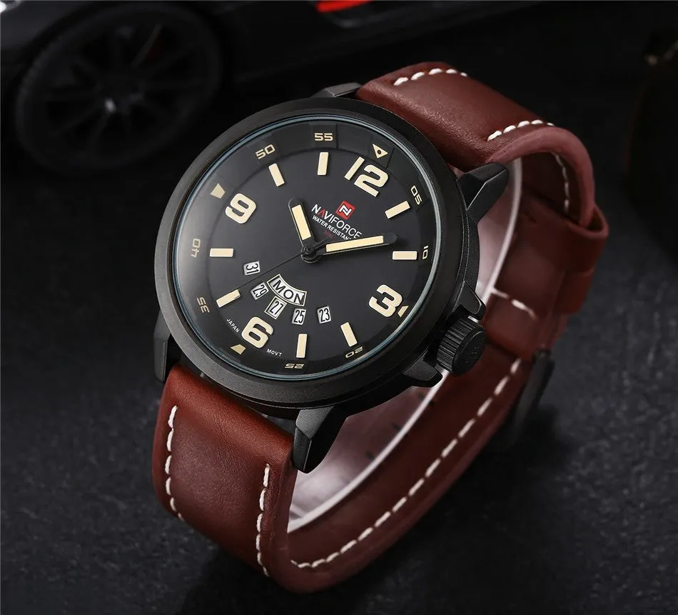 Luxury NAVIFORCE Brand Genuine Leather Analog Display Date Men's Quartz Watch Sports Watches Men Wristwatch