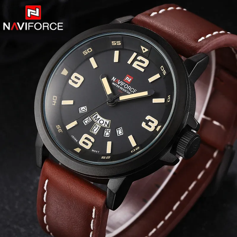 Luxury NAVIFORCE Brand Genuine Leather Analog Display Date Men's Quartz Watch Sports Watches Men Wristwatch