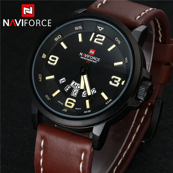 Luxury NAVIFORCE Brand Genuine Leather Analog Display Date Men's Quartz Watch Sports Watches Men Wristwatch