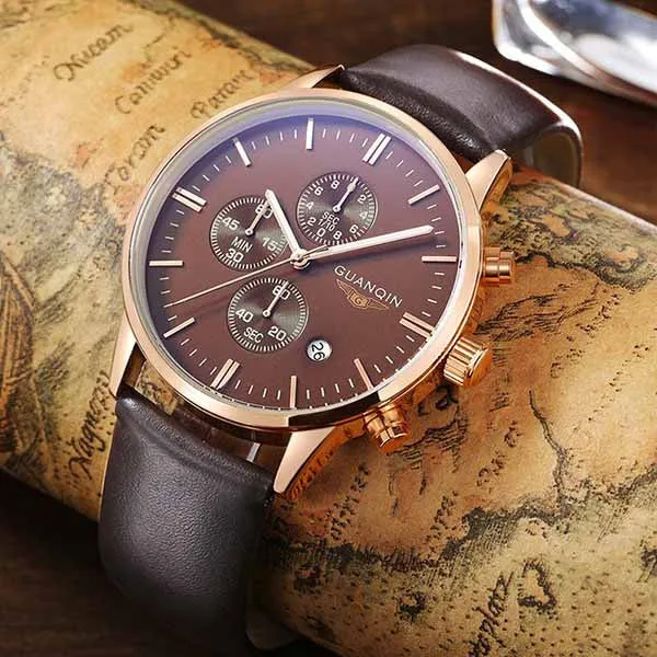 Men's Watches New Fashion Luxury Top Brand GUANQIN Chronograph Male Dress Leather Belt Sports Clock Quartz Wrist Watches