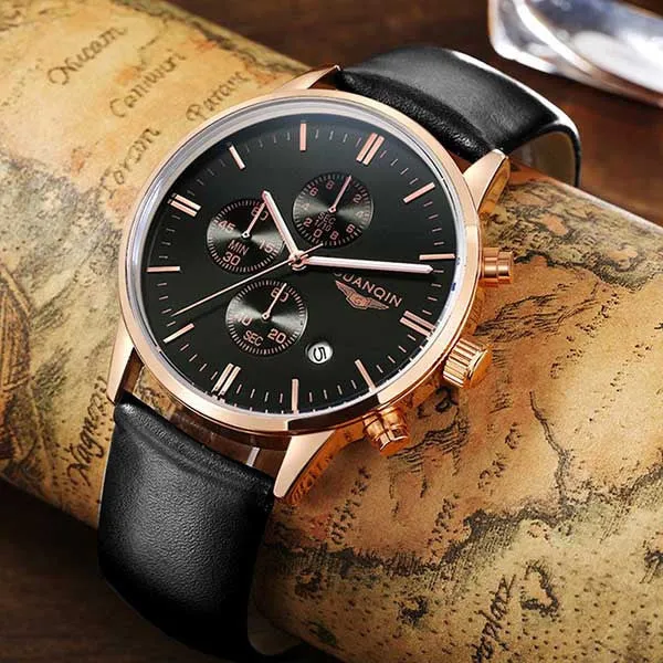 Men's Watches New Fashion Luxury Top Brand GUANQIN Chronograph Male Dress Leather Belt Sports Clock Quartz Wrist Watches