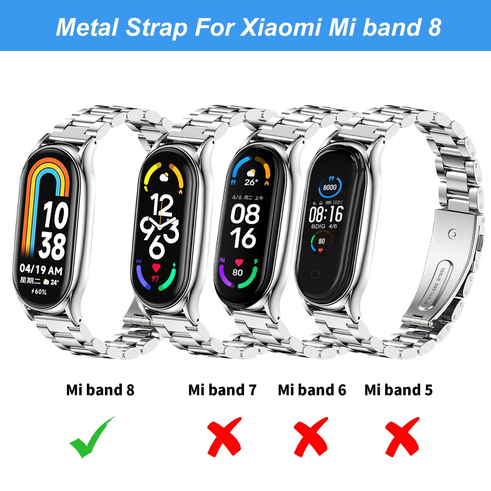 Metal Watch Strap For Xiaomi Mi Band 8 / Xiaomi Smart Band 8 - Black