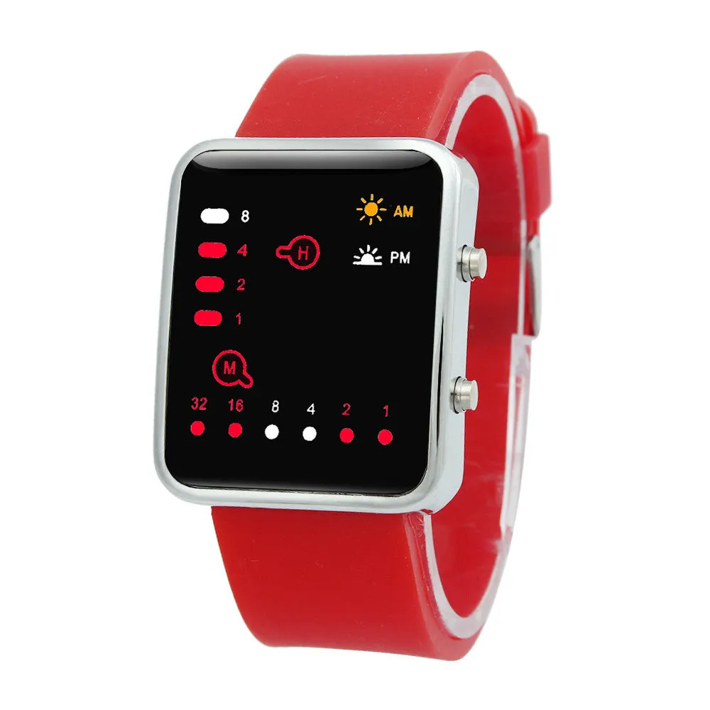 New Red LED Sport Digital Wrist Watch Binary Wristwatch PU Leather&Silicone Watches Relogios masculinos Women Mens