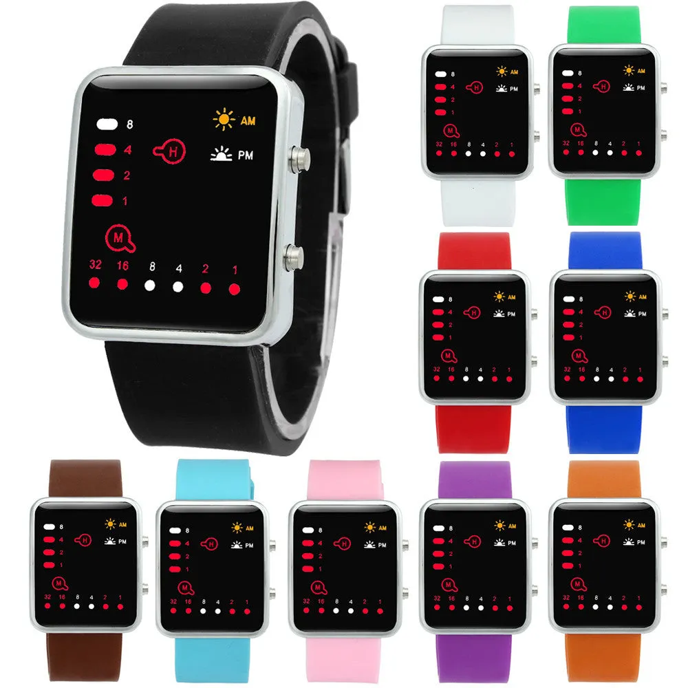 New Red LED Sport Digital Wrist Watch Binary Wristwatch PU Leather&Silicone Watches Relogios masculinos Women Mens