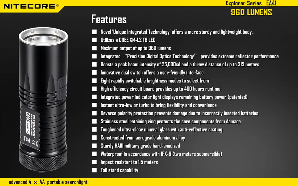 Nitecore EA41 2015 Edition 4 x AA Cree XM-L2 U2 1020 Lumen LED Flashlight