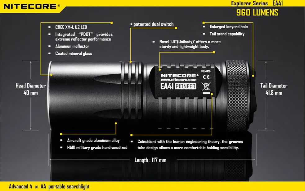 Nitecore EA41 2015 Edition 4 x AA Cree XM-L2 U2 1020 Lumen LED Flashlight