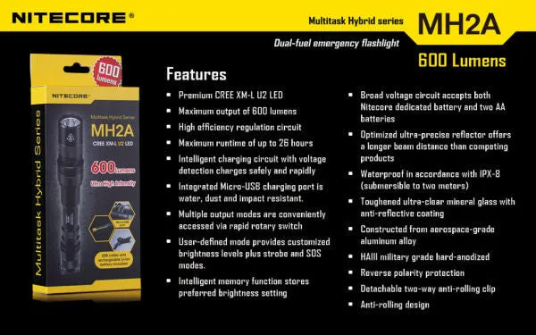 NITECORE MH2A CREE XM-L U2 LED 600 Lumen Rechargeable flashlight