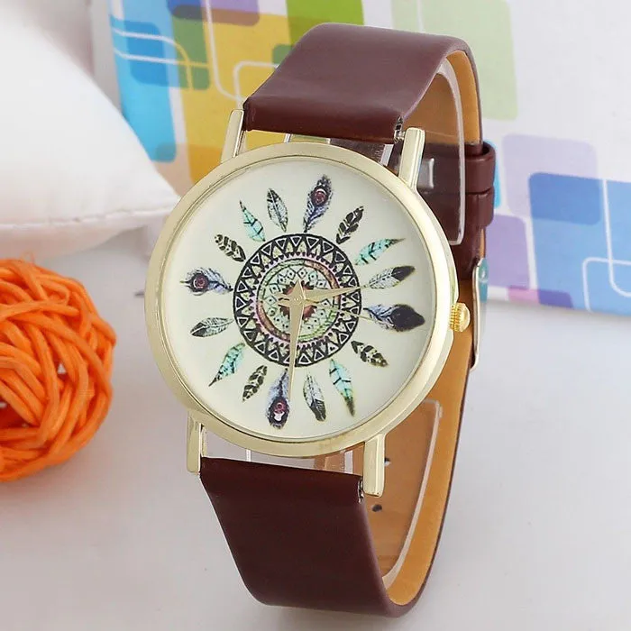 Original Women Genuine Leather Vintage Women Watches,Bracelet Wristwatches, Feather Dial watches