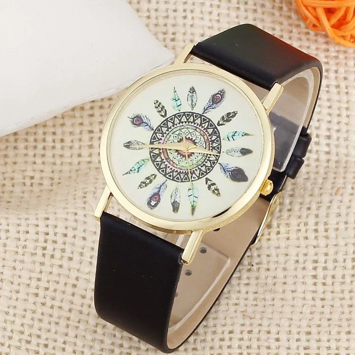 Original Women Genuine Leather Vintage Women Watches,Bracelet Wristwatches, Feather Dial watches