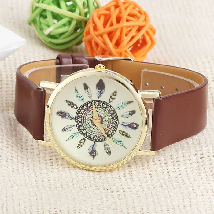 Original Women Genuine Leather Vintage Women Watches,Bracelet Wristwatches, Feather Dial watches