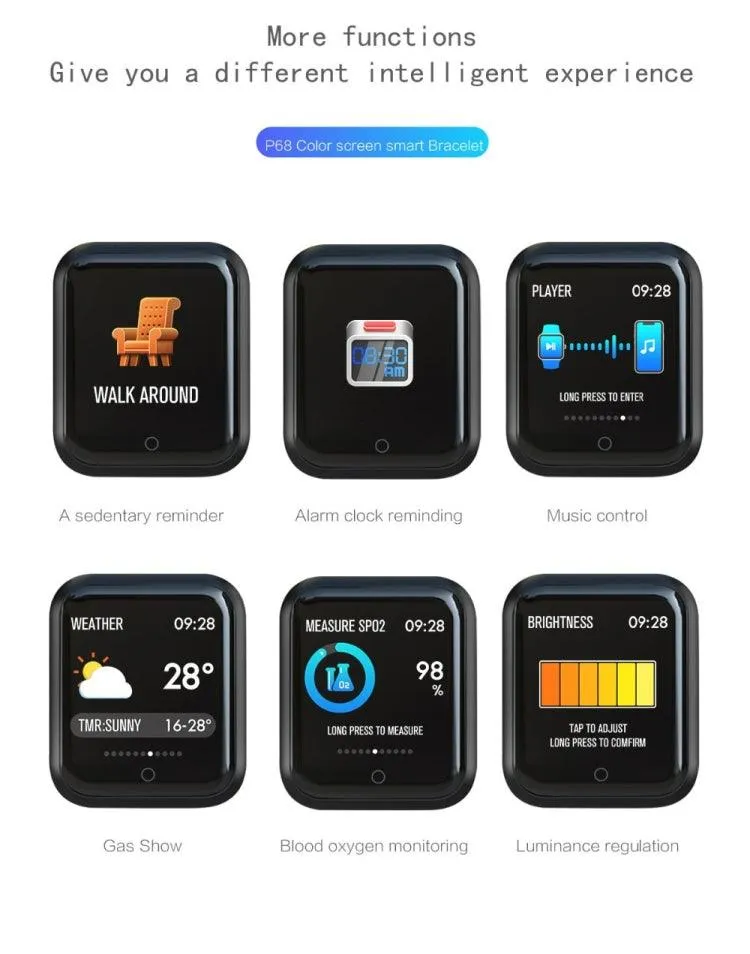P68 Fitness Smartwatch with Heart Rate and Blood Pressure Monitoring for Xiaomi and Huawei Devices