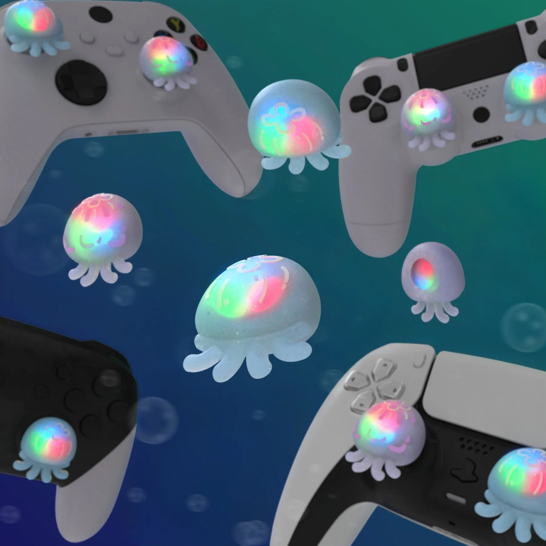 PlayVital Cute Universal Illuminated LED Thumbstick Grips for ps5 & ps4 & Xbox Series X/S & Xbox One & Switch Pro Controller - Jellyfish Purple & Blue - PJM6002