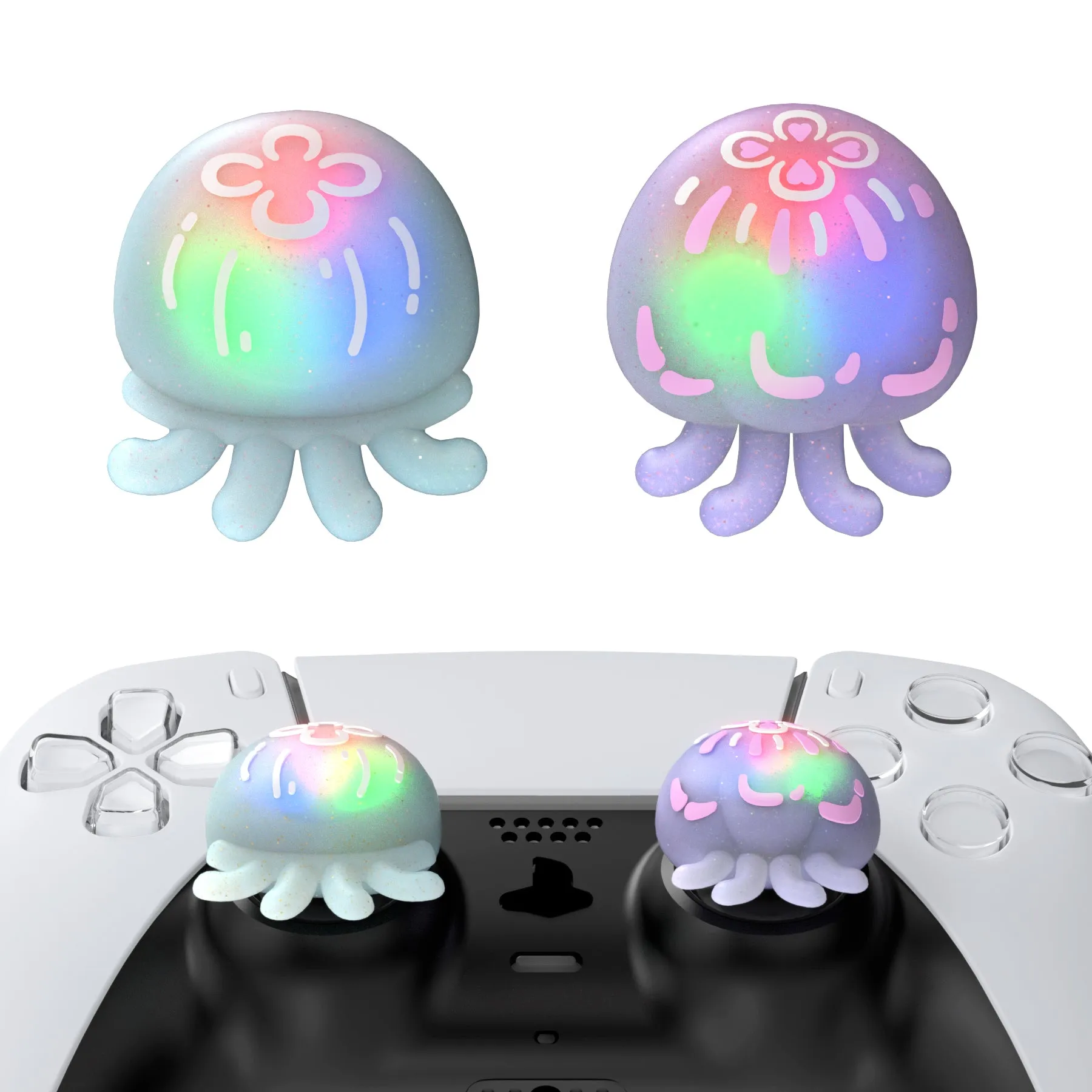 PlayVital Cute Universal Illuminated LED Thumbstick Grips for ps5 & ps4 & Xbox Series X/S & Xbox One & Switch Pro Controller - Jellyfish Purple & Blue - PJM6002